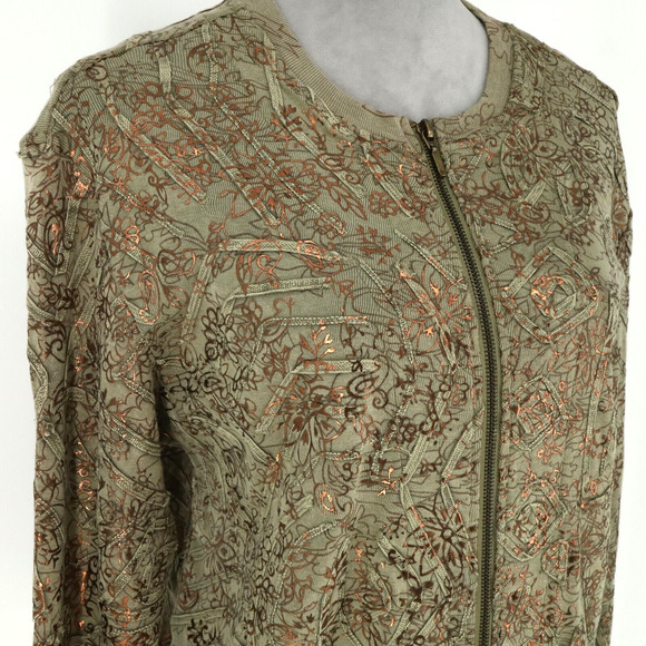 Chicos Sweater 1 Womens Medium 8 Green Full Zip Copper Metallic Stretch Knit - Picture 8 of 16